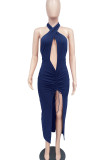 Pink Sexy Solid Hollowed Out Patchwork Slit Fold Halter Straight Dresses
