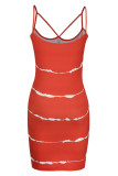 Red Sexy Striped Print Patchwork Spaghetti Strap One Step Skirt Dresses