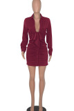 Green Sexy Solid Bandage Patchwork Buckle Fold V Neck Pencil Skirt Dresses