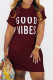 Burgundy Fashion Casual Letter Print Basic O Neck Short Sleeve Dress