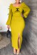 Yellow Fashion Elegant Print Slit Square Collar One Step Skirt Dresses