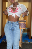 White Fashion Print Slit V Neck T-Shirts