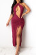 Burgundy Sexy Solid Hollowed Out Patchwork Slit Fold Halter Straight Dresses