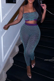 Cyan Sexy Print Patchwork Spaghetti Strap Sleeveless Two Pieces