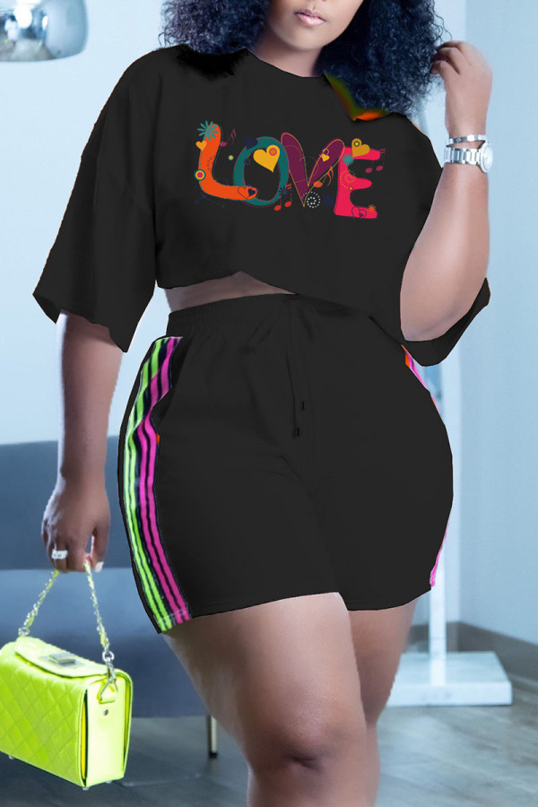 Black Casual Print O Neck Short Sleeve Two Pieces