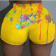 Yellow Fashion Casual Print Basic Skinny Mid Waist Shorts