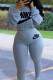 Blue Gray Fashion Casual Letter Print Basic O Neck Long Sleeve Two Pieces