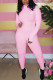 Pink Fashion Casual Embroidery Basic Turtleneck Regular Jumpsuits
