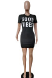 Deep Blue Fashion Casual Letter Print Basic O Neck Short Sleeve Dress