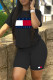 Black Fashion Casual Print Basic O Neck Short Sleeve Two Pieces