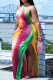 Colour Fashion Sexy Print Bandage Backless Slit Halter Long Dress