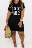 Deep Blue Fashion Casual Letter Print Basic O Neck Short Sleeve Dress