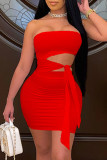 Red Fashion Sexy Solid Hollowed Out Backless Strapless Sleeveless Dress