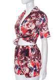 Red Casual Print Patchwork Turndown Collar Short Sleeve Two Pieces