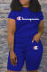Blue Casual Print Letter O Neck Short Sleeve Two Pieces