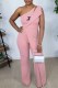 Pink Fashion Street Print Patchwork One Shoulder Jumpsuits
