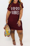 Deep Blue Fashion Casual Letter Print Basic O Neck Short Sleeve Dress
