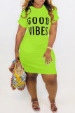 Deep Blue Fashion Casual Letter Print Basic O Neck Short Sleeve Dress