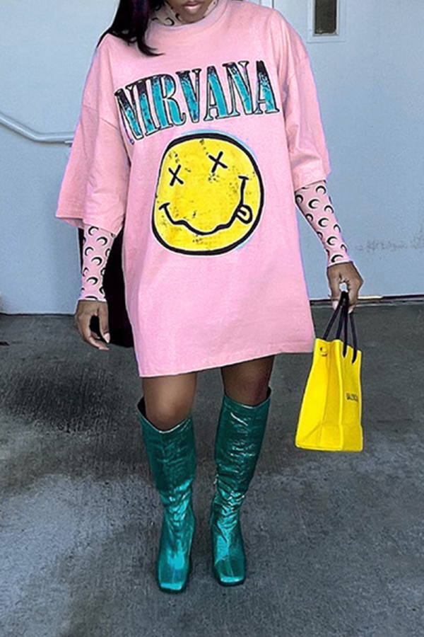Pink Casual Print Patchwork O Neck Straight Dresses