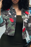 Grey Fashion Camouflage Print Patchwork Turndown Collar Outerwear