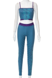 Cyan Sexy Print Patchwork Spaghetti Strap Sleeveless Two Pieces