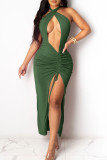 Pink Sexy Solid Hollowed Out Patchwork Slit Fold Halter Straight Dresses