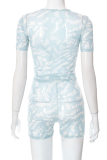 Blue Sexy Print Mesh O Neck Short Sleeve Two Pieces