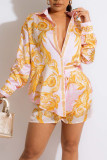 Yellow Casual Print Patchwork Buckle Turndown Collar Long Sleeve Two Pieces