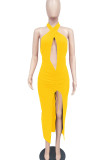 Pink Sexy Solid Hollowed Out Patchwork Slit Fold Halter Straight Dresses