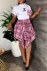 Pink Fashion Casual Plaid Patchwork Letter O Neck Short Sleeve Two Pieces