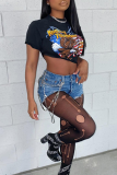 Black Fashion Print Patchwork O Neck T-Shirts