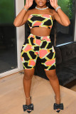 Orange Sexy Print Patchwork Strapless Sleeveless Two Pieces