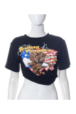 Black Fashion Print Patchwork O Neck T-Shirts