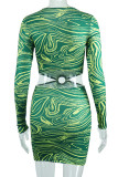 Green Sexy Print Hollowed Out Patchwork O Neck Pencil Skirt Dresses