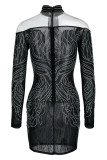 Black Fashion Sexy Patchwork Hot Drilling See-through Half A Turtleneck Long Sleeve Dresses