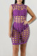 Purple Fashion Sexy Solid Hollowed Out Patchwork Beading O Neck Straight Dresses Three Pieces