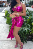 Rose Red Sexy Solid Bandage Patchwork Backless Halter Sleeveless Two Pieces