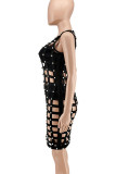 Red Fashion Sexy Solid Hollowed Out Patchwork Beading O Neck Straight Dresses Three Pieces