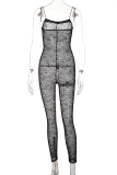 Black Sexy Solid Lace Spaghetti Strap Skinny Jumpsuits