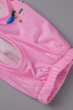 Pink Fashion Casual Print Bandage Hollowed Out O Neck Short Sleeve Two Pieces
