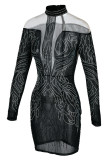 Black Fashion Sexy Patchwork Hot Drilling See-through Half A Turtleneck Long Sleeve Dresses