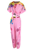 Pink Fashion Casual Print Bandage Hollowed Out O Neck Short Sleeve Two Pieces