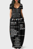Letter Print Fashion Casual Print Patchwork V Neck Short Sleeve Dress