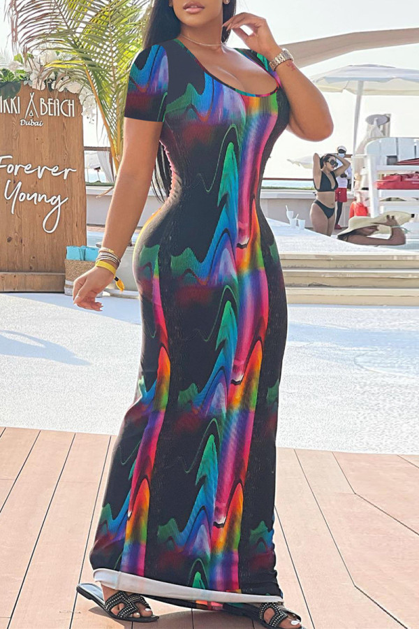 Black Fashion Casual Print Basic O Neck Short Sleeve Dress