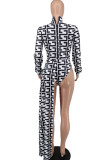 Black White Fashion Casual Print Patchwork Asymmetrical Half A Turtleneck Long Sleeve Two Pieces