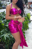 Rose Red Sexy Solid Bandage Patchwork Backless Halter Sleeveless Two Pieces