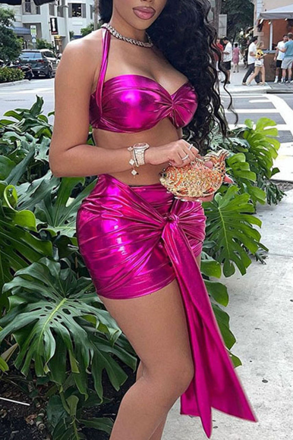 Rose Red Sexy Solid Bandage Patchwork Backless Halter Sleeveless Two Pieces