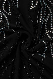 Black Fashion Sexy Patchwork Hot Drilling See-through Half A Turtleneck Long Sleeve Dresses