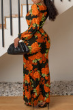 Orange Fashion Casual Print Slit V Neck Long Sleeve Dresses
