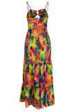 Yellow Sexy Print Hollowed Out Patchwork Spaghetti Strap Sling Dress Dresses